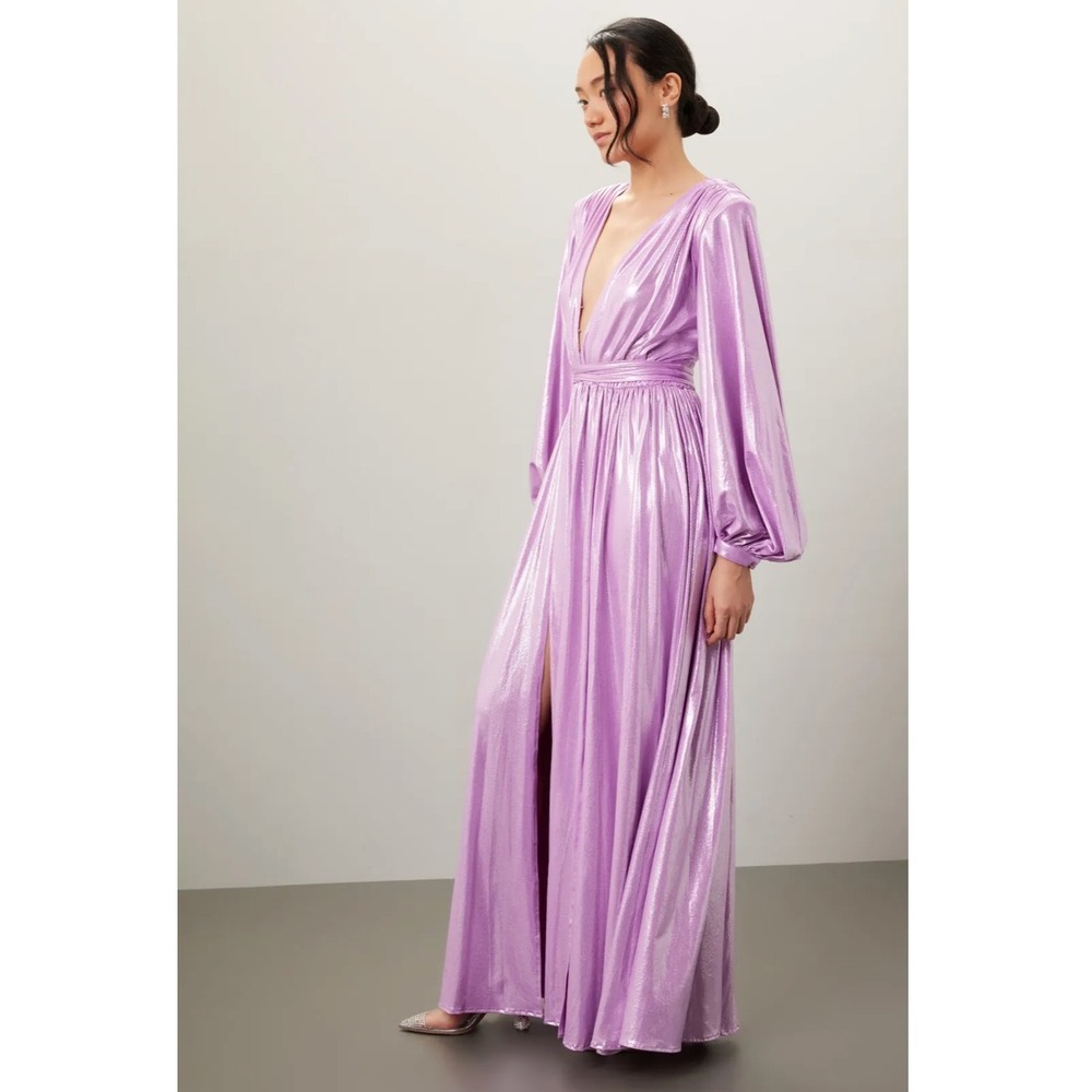 Bronx & Banco Zoe Lame Gown Maxi Dress Purple Lilac Plunge Slits Sz 4 US / Small - Picture 4 of 16